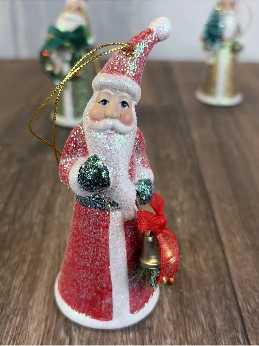 Lot of 3 Ceramic Santa Ornaments Shelf Sitters Red White Gold Glitter Sparkles